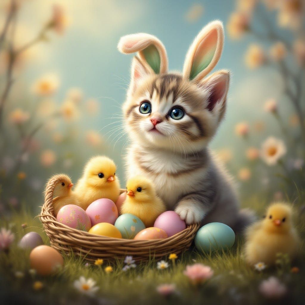 Whimsical Easter Kitten with Bunny Ears