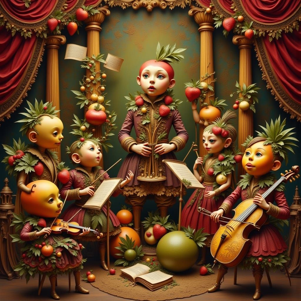 Fruits Perform Symphony in Quirky Folk Art Style
