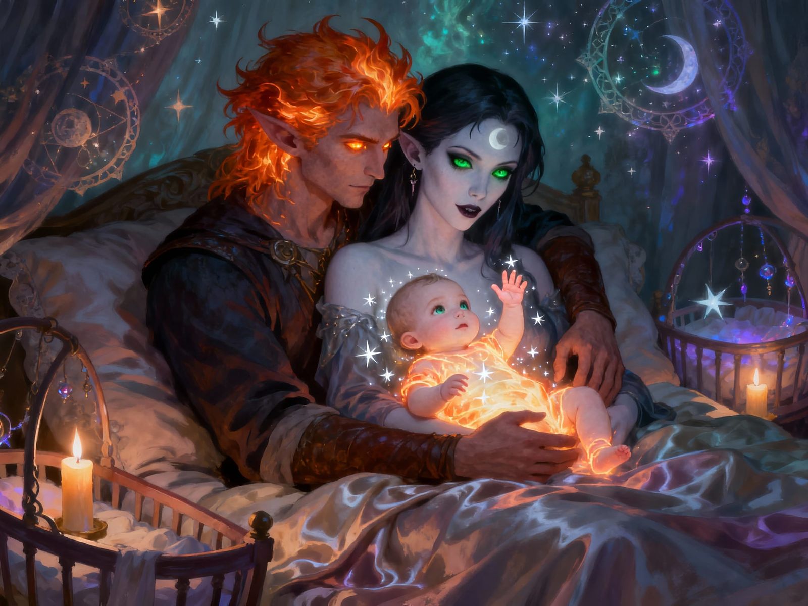 Genasi and Vampire Family with Glowing Infant