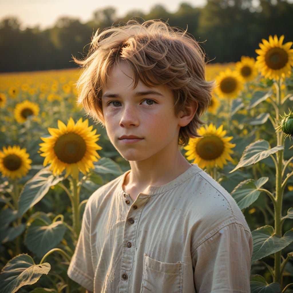 Boy in Sunflower Field: Renaissance Impressionism