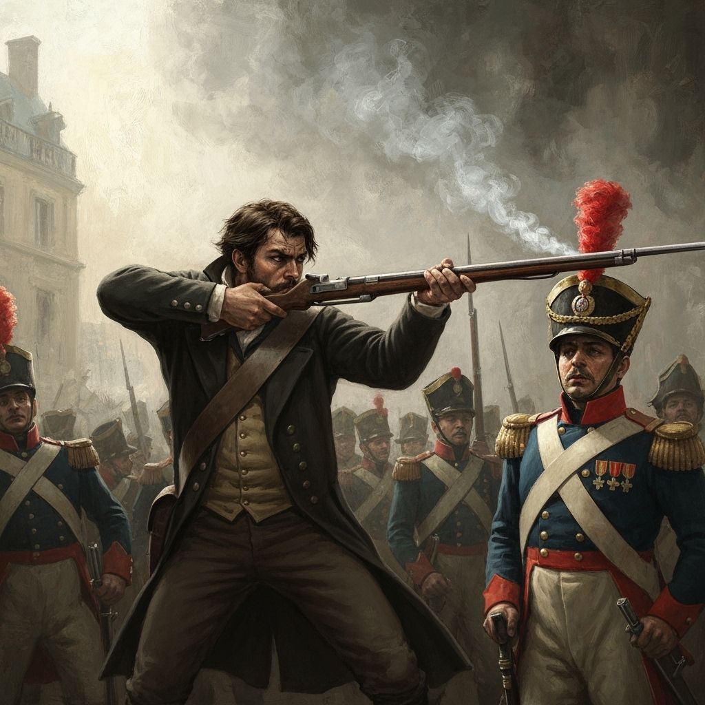 Valjean Shoots Hat Off Soldier in June Rebellion Oil Paintin...