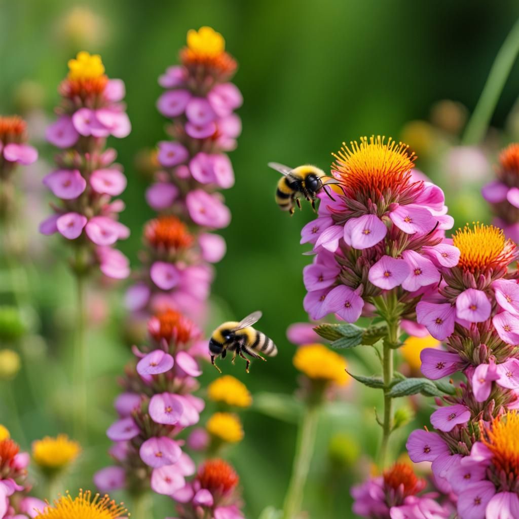 Bumble Bees in a Colorful Flower Garden