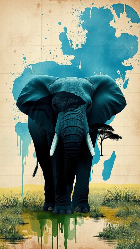 Abstract African Elephant Artwork with Grunge Textures and D...