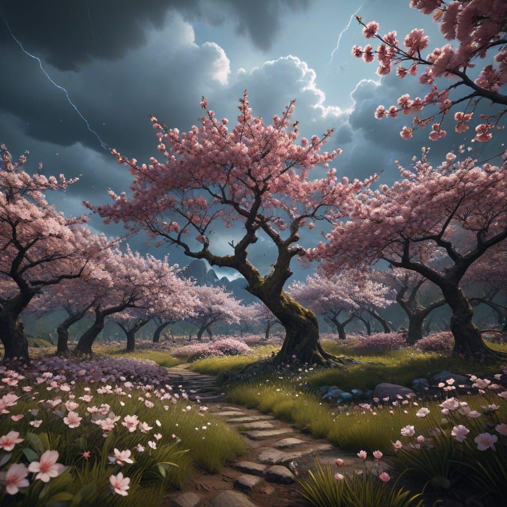 Vibrant Cherry Blossom Wonderland in High-Contrast Aesthetic