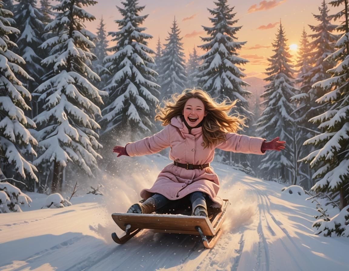 Girl Sledding Down Snowy Hill at Sunset