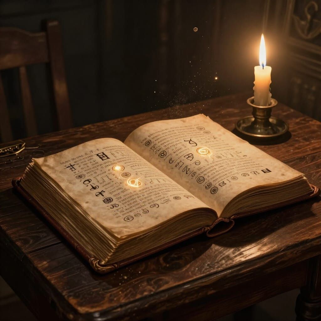Ancient Grimoire Open on Oak Table