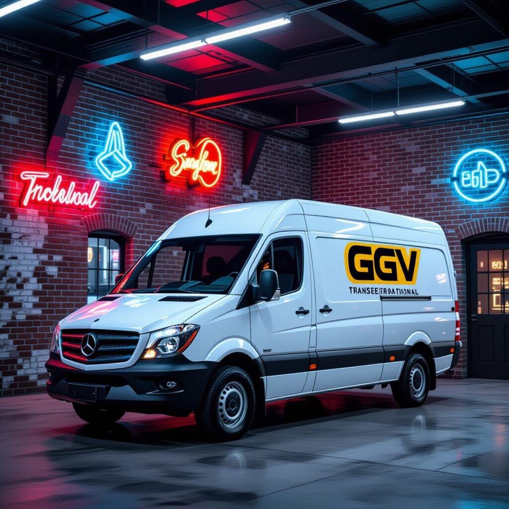 Mercedes Sprinter in Retro Garage with Neon Lights