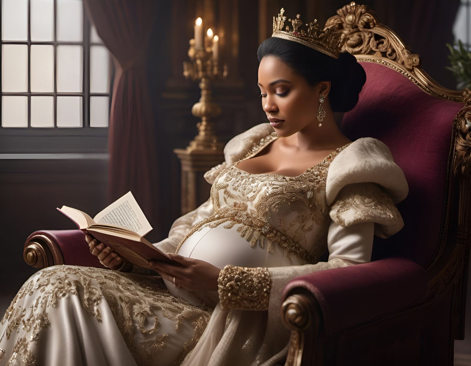 Elegant Pregnant Queen Reading a Book in 8k