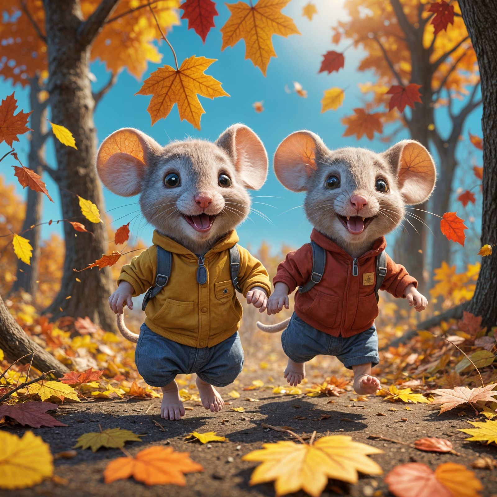 Happy mice children playing in autumn and running in a fores...