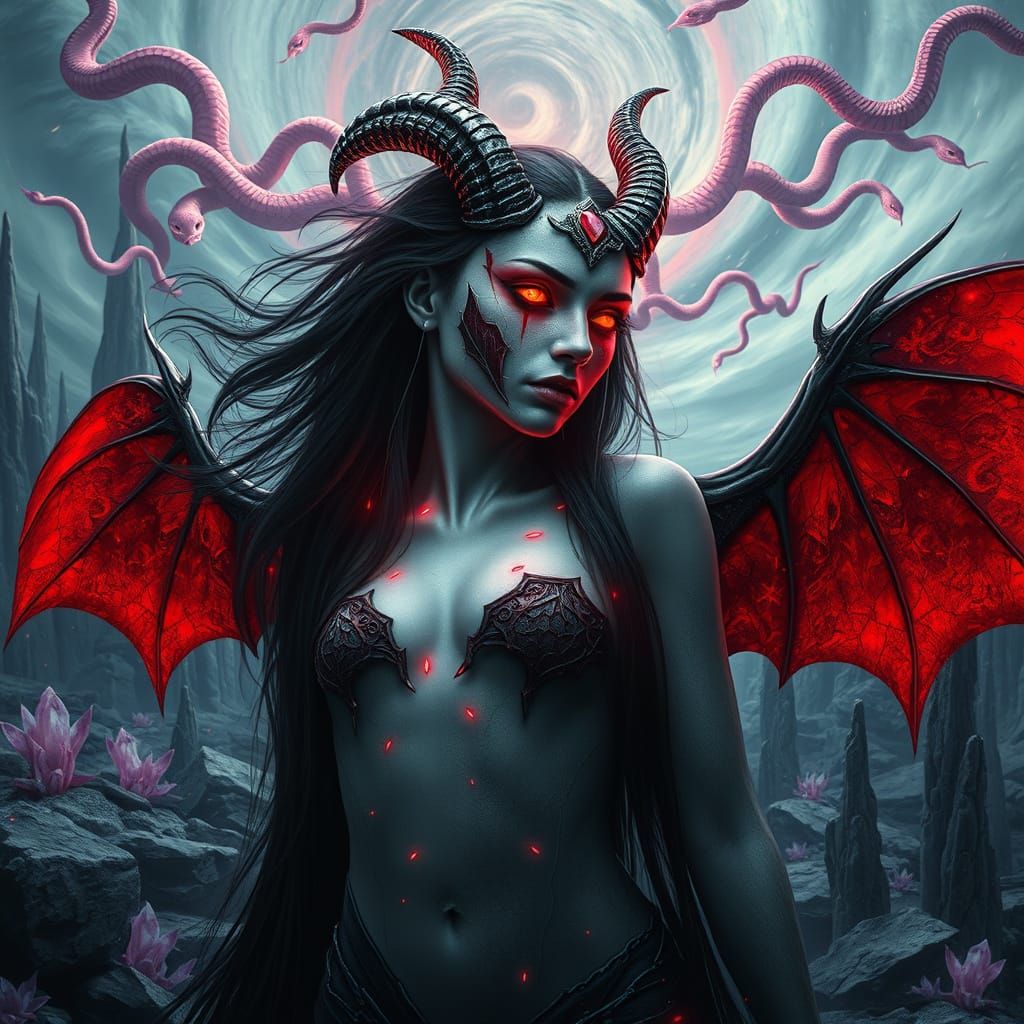 Goddess with Fiery Horns in Desolate Landscape