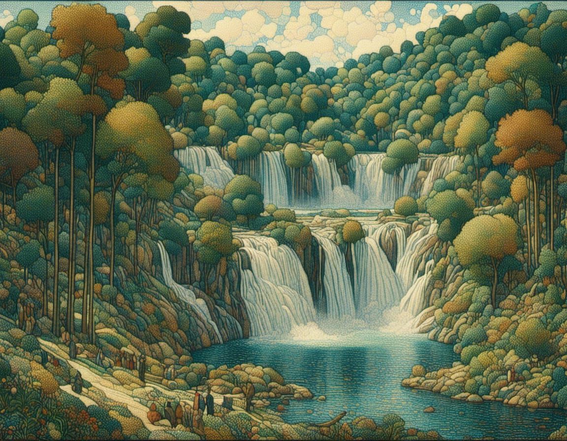 Waterfalls and puffy trees