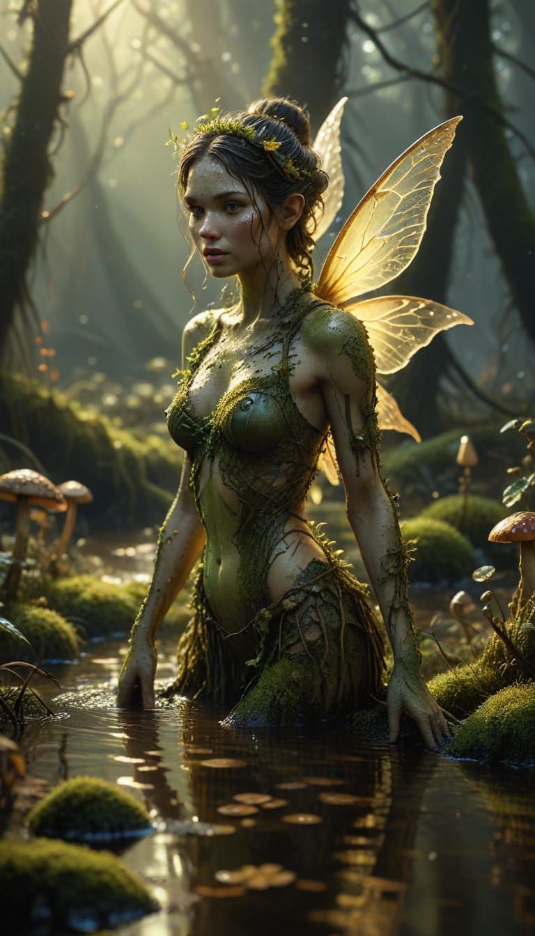 Swamp Fairy Emerges from Murky Bog: Digital Art