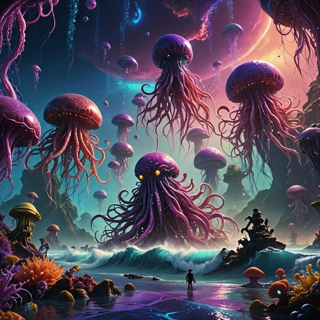 Surreal Human Squid Surfing on Alien Planet