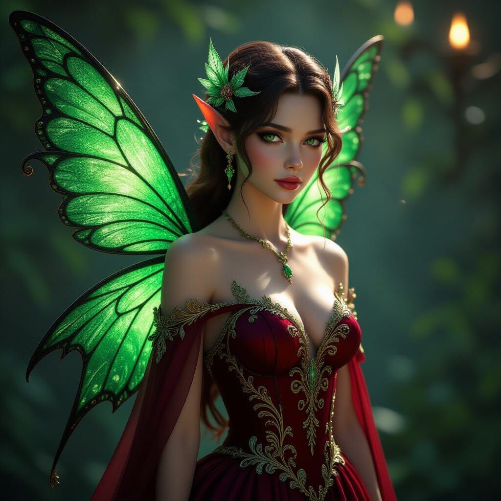 Detailed Fairy with Luminous Wings and Crimson Dress