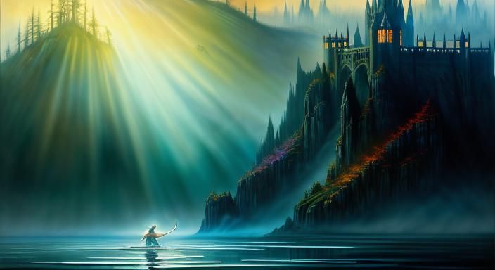 Lady of the Lake Giving Excalibur to Merlin