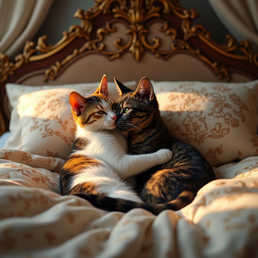 Calico and Tortoiseshell Cats Embrace on French Bed