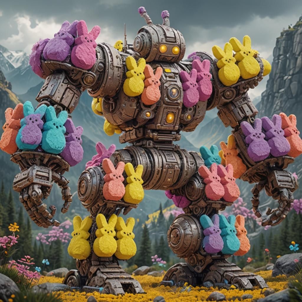 Peeps Robot in Mountain Landscape, Detailed Matte Painting