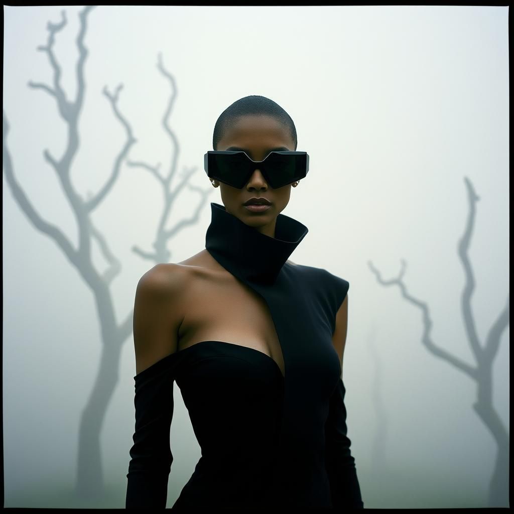 Futuristic Fashion Editorial in Fog, Cinematic Style