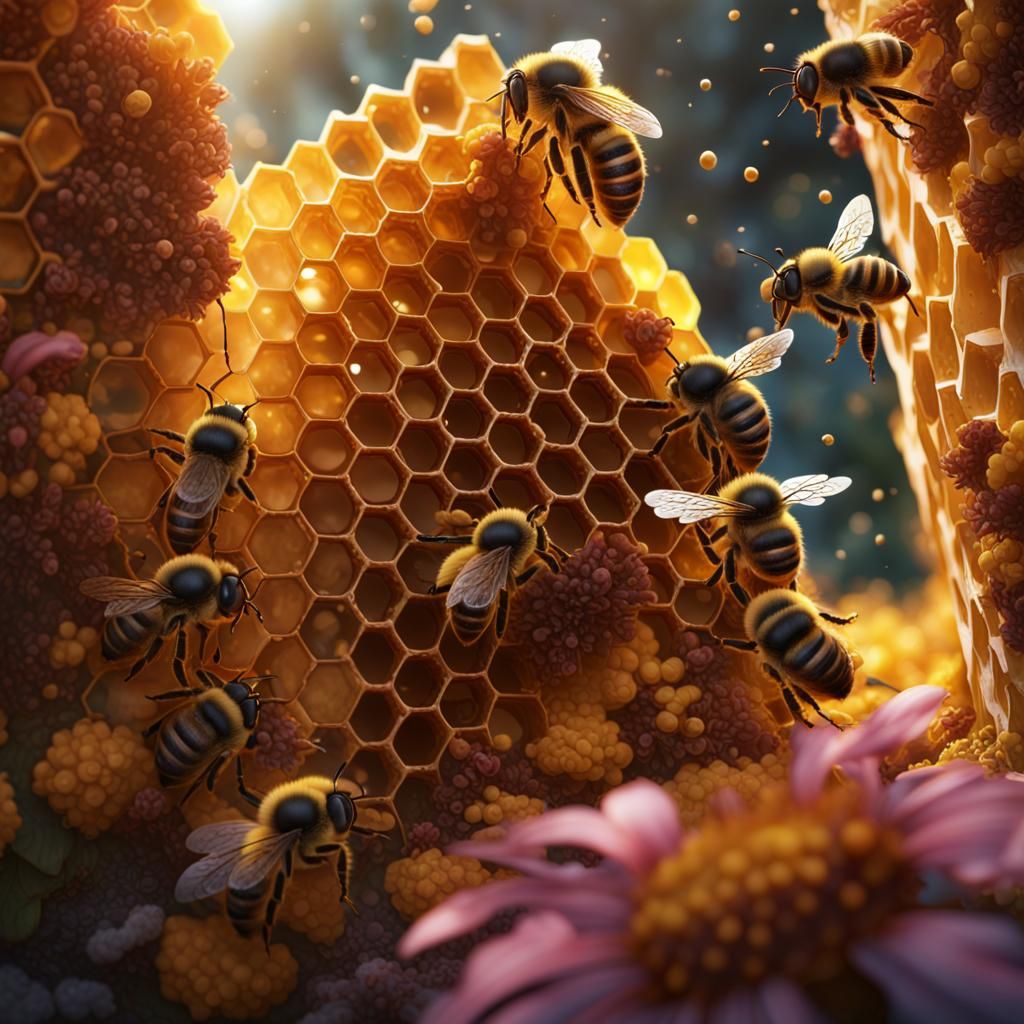 Honey Bees Inspecting Honeycombs: Detailed Matte Painting