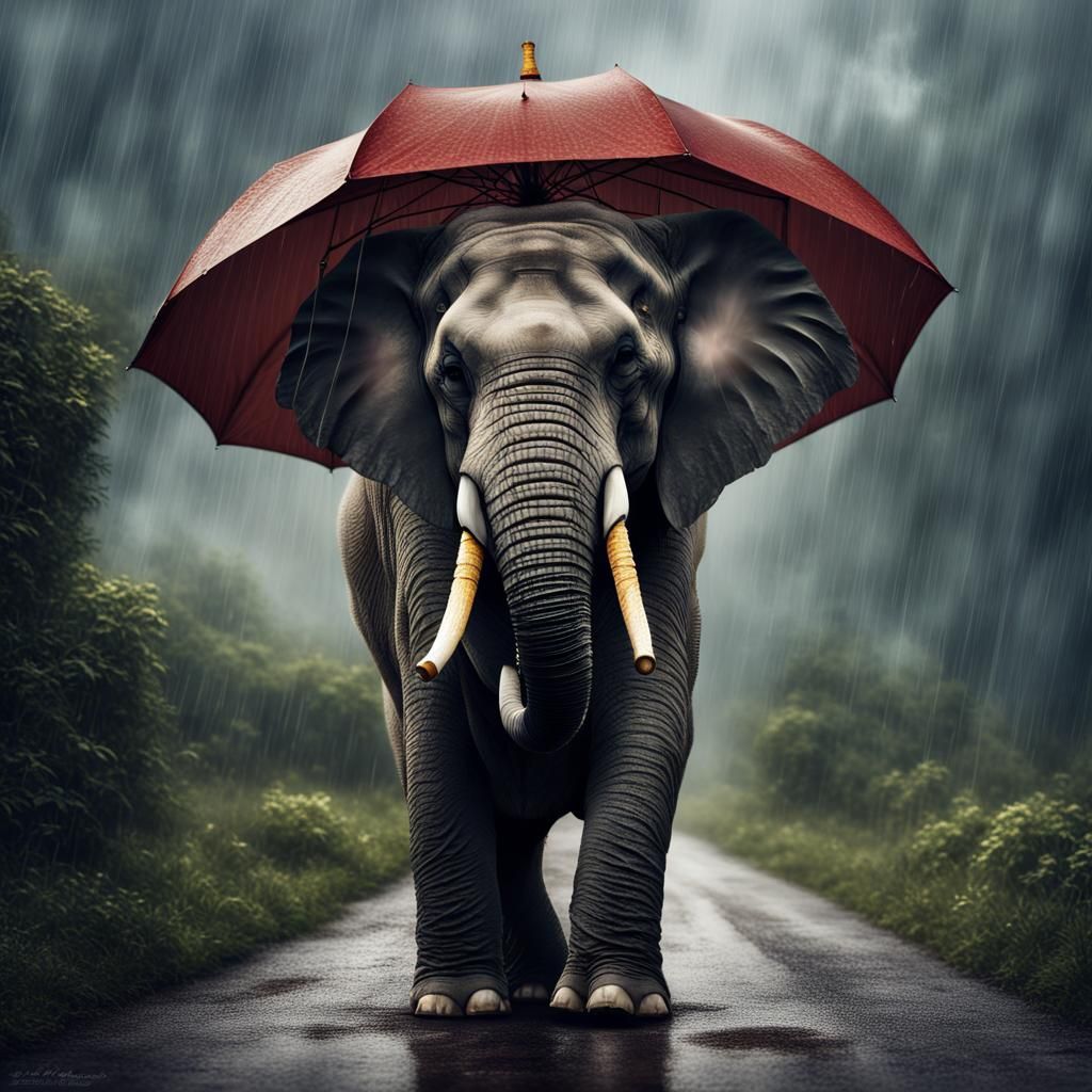Anthropomorphic Elephant in Rainy Portrait