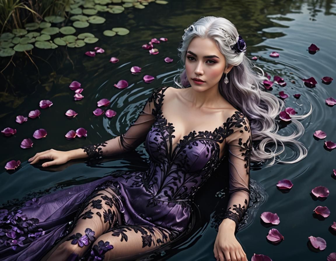 Silver-Haired Woman in Lake with Rose Petals