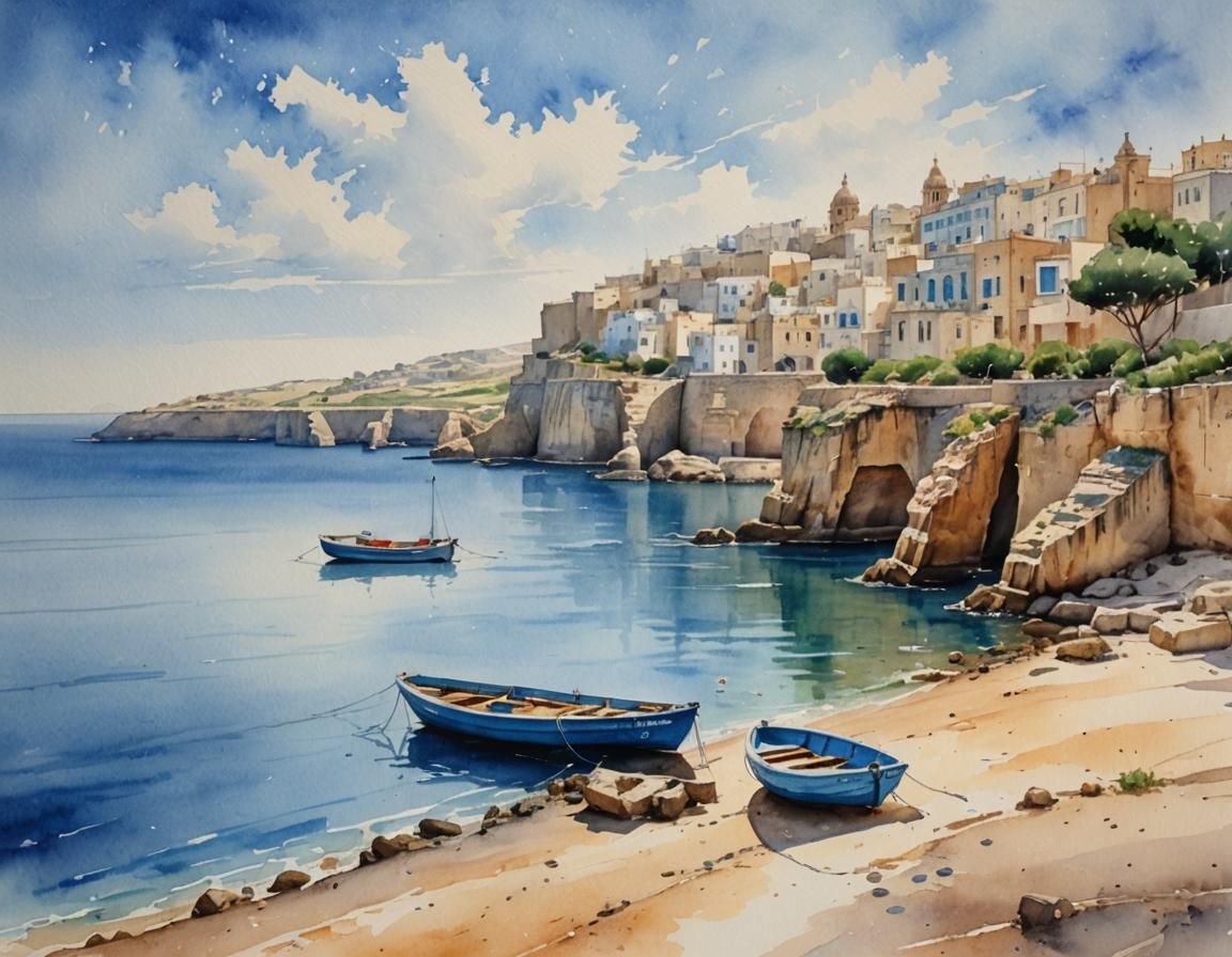 Malta Shoreline in Vivid Watercolor Painting