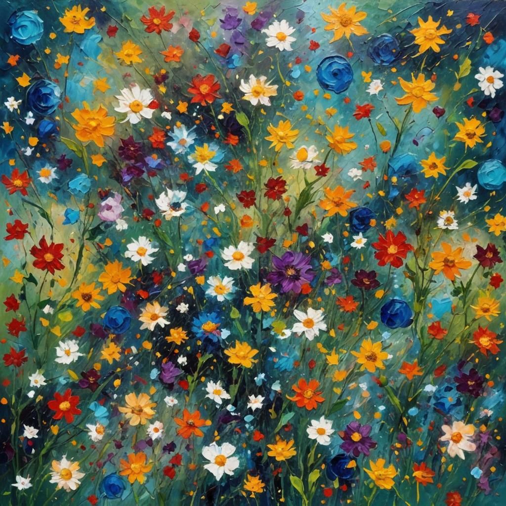 Colorful Cosmos Painting in Expressionist Impasto Style