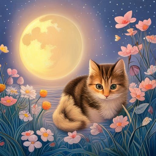 Cat in Flower Garden under Starry Night