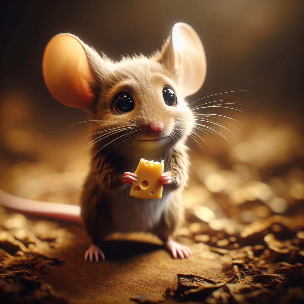 Anthropomorphic Mouse Enjoys Cheese Discovery