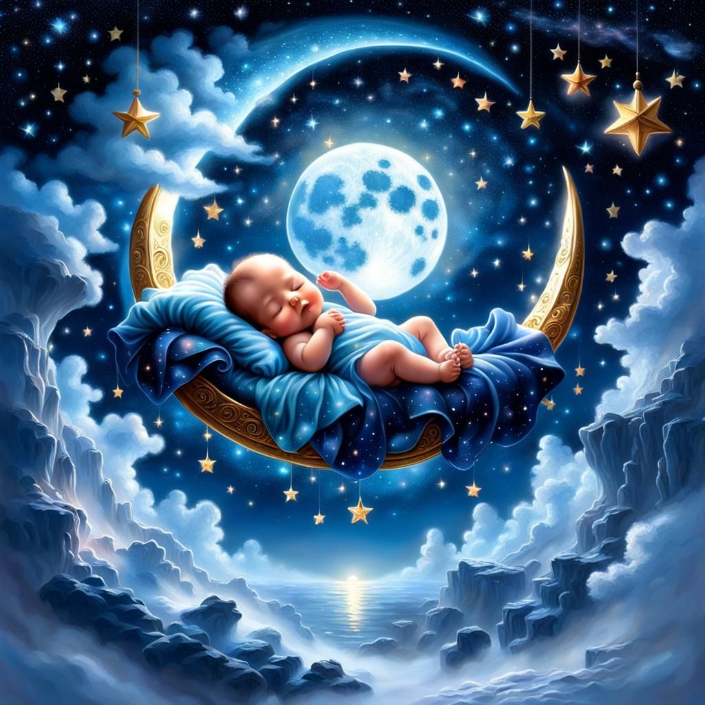 Baby Sleeping on Bioluminescent Moon in Galaxy