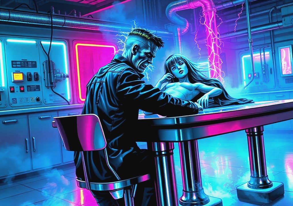 Frankenstein's Lab: A Neon-Lit Comic Book Scene