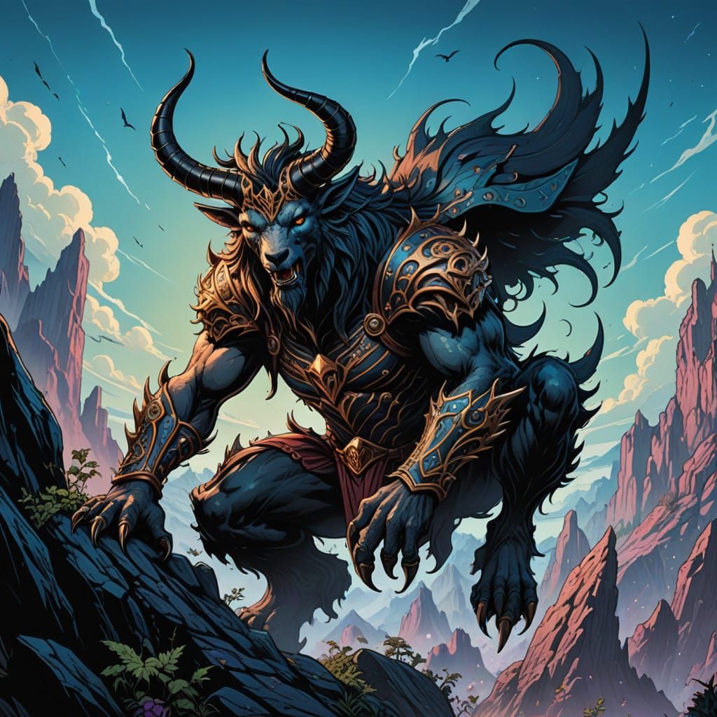 Angular Comic Illustration of a Punk-Rock Goat-Like Hero