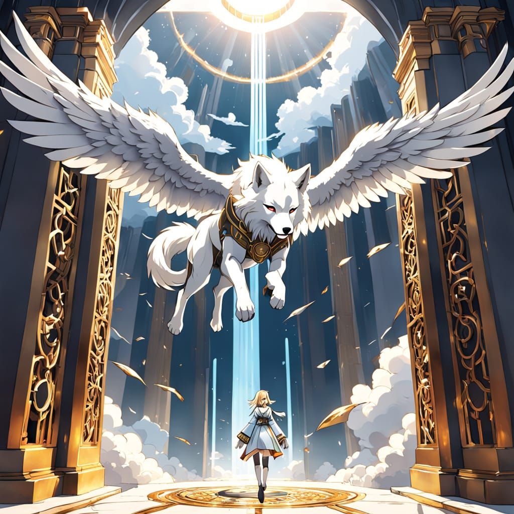 White Angel Wolf Anime Girl Ascends to Heaven
