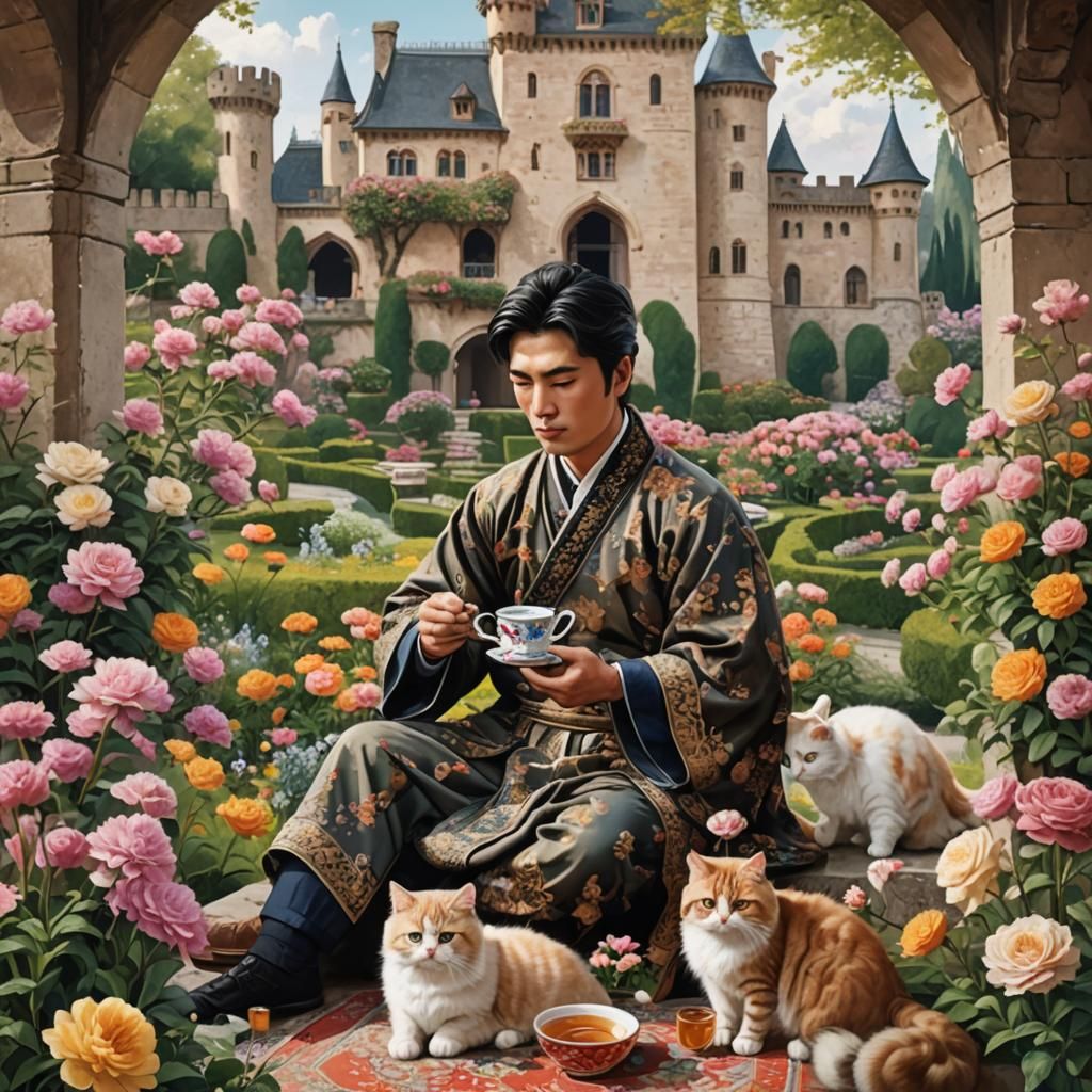 Peaceful Asian Man in Flower-Filled Castle with Cats