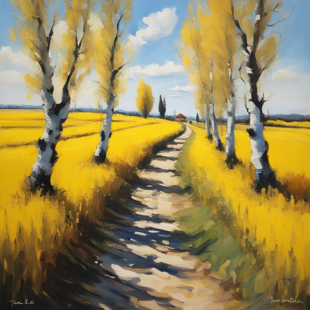 Blurred Path with Poplars in Oil Painting Style