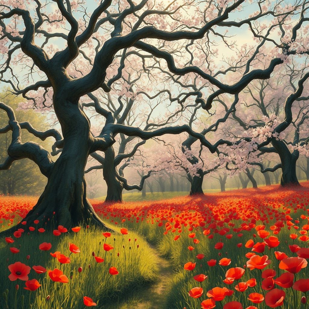 Spring Landscape with Ancient Trees and Vibrant Flowers