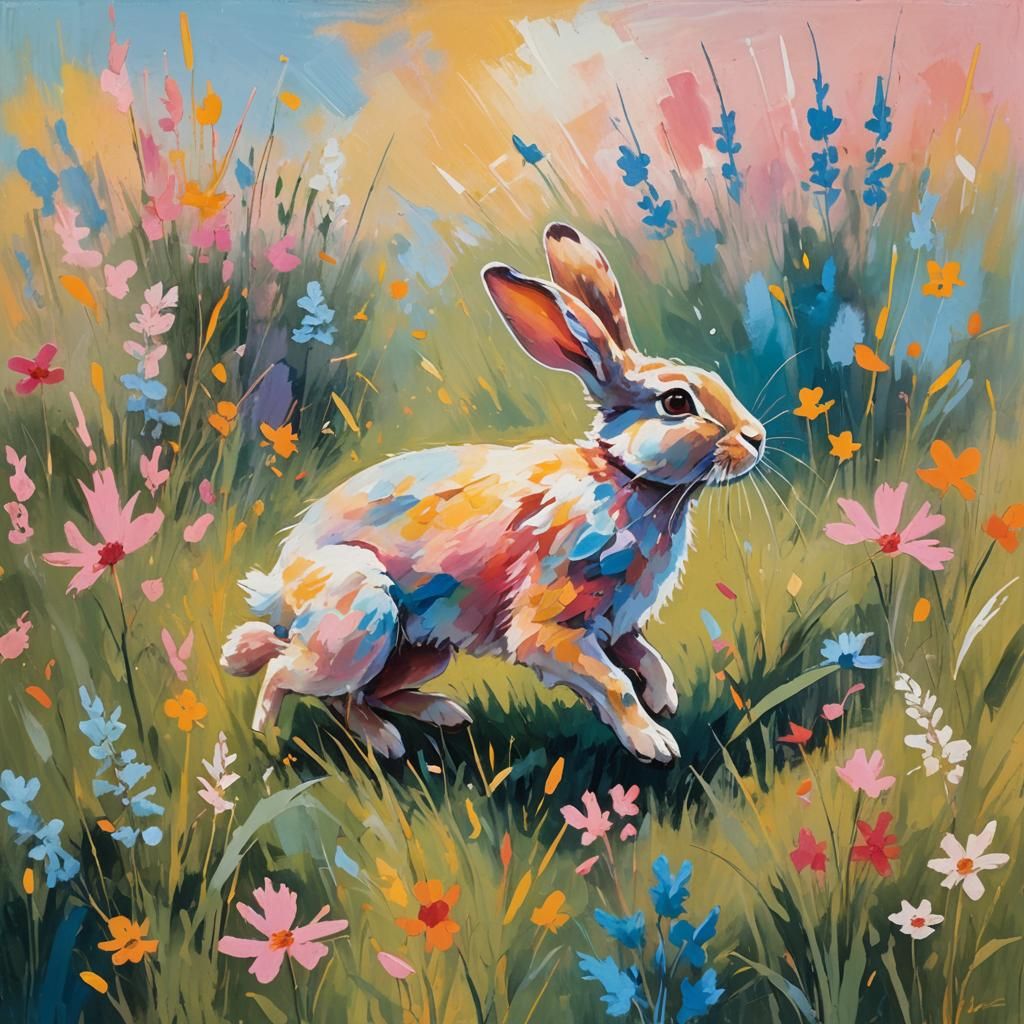 Abstract Expressionist Bunny in Vibrant Meadow