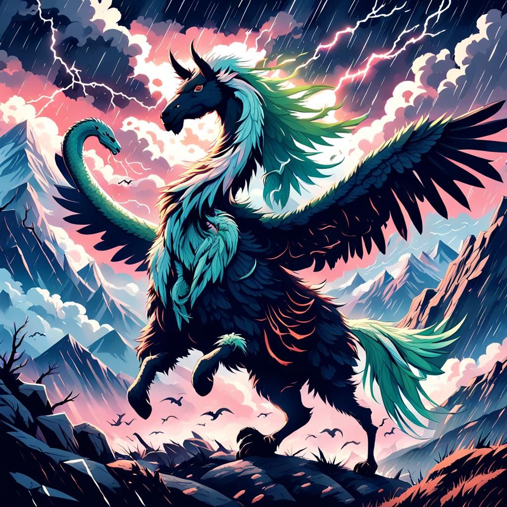 Llama-Snake Cryptid Flies Through Andes, Anime Style