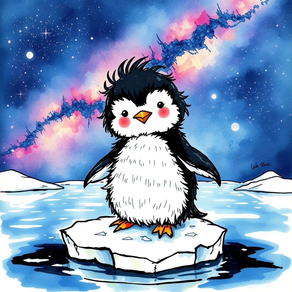 Cute Penguin on Ice Floe in Alcohol Ink Style