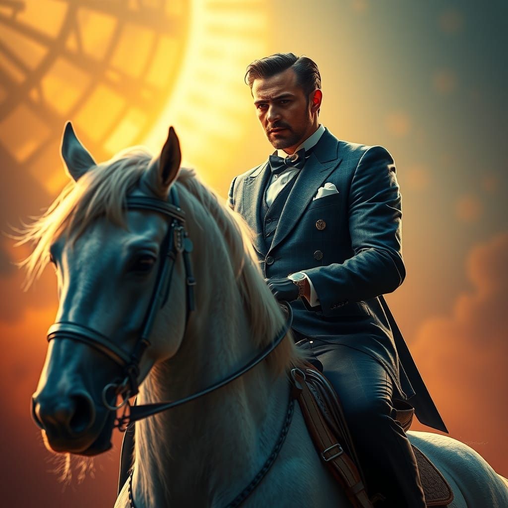 A snobbish man riding a very tall white horse, Hyperrealistic, splash art, concept art, mid shot, intricately detailed, ...