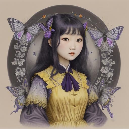 South Korean Girl in Butterfly Dress: Charcoal Drawing