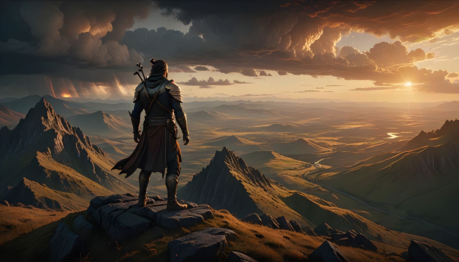 Ethereal Warrior Surveys Stormy Horizon in Golden Light