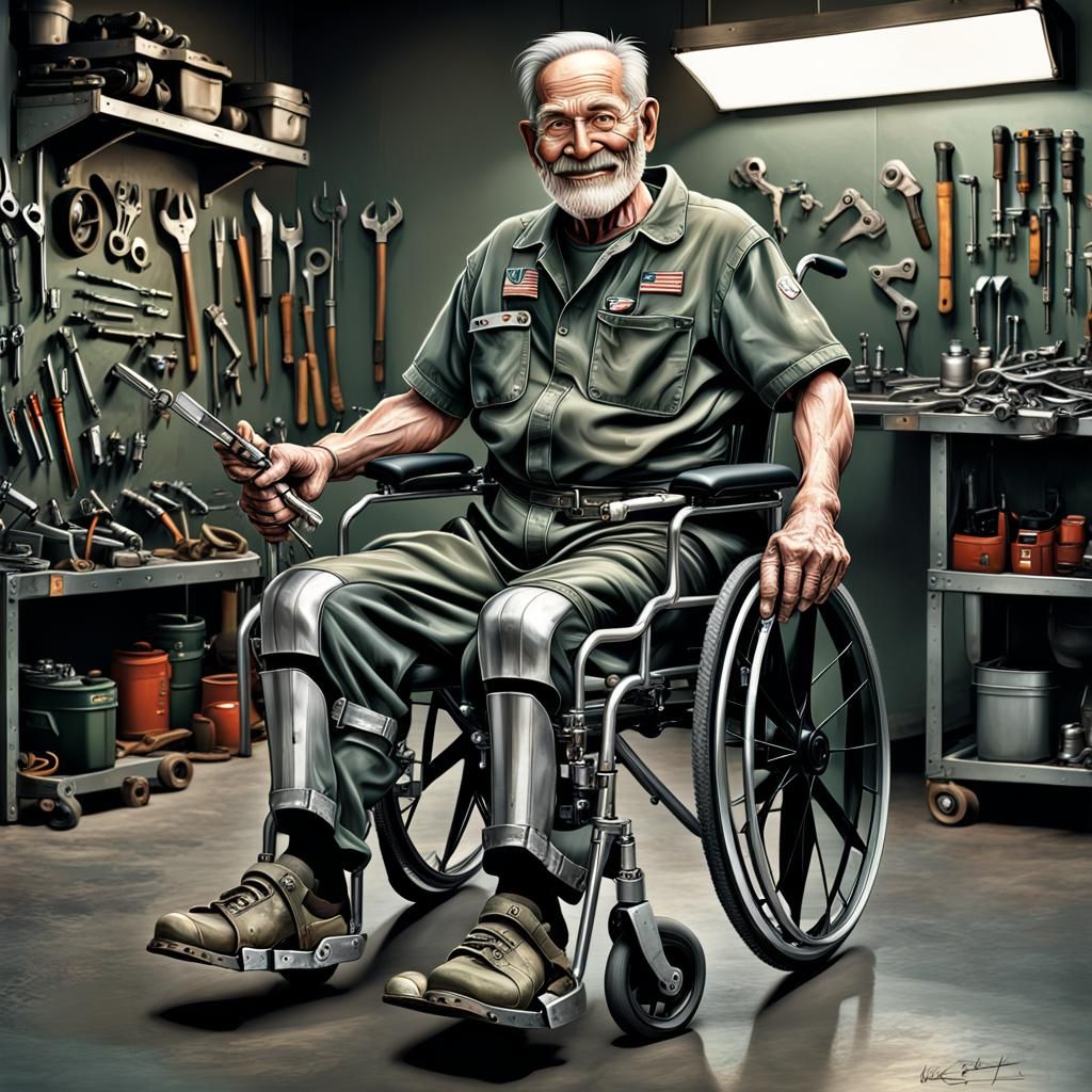Hyperrealistic Concept Art of Elderly Amputee with Tools