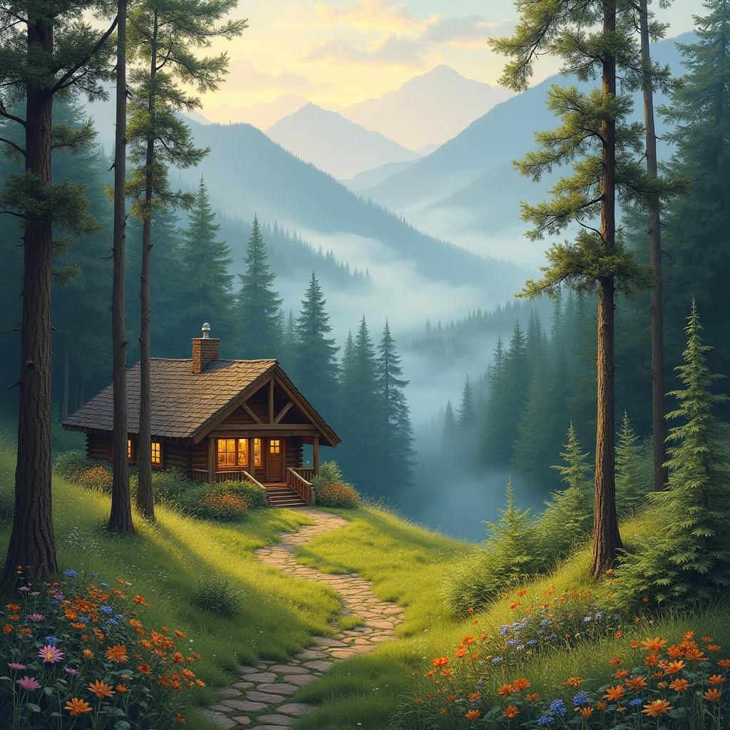 Cozy Log Cabin in Serene Mountain Landscape
