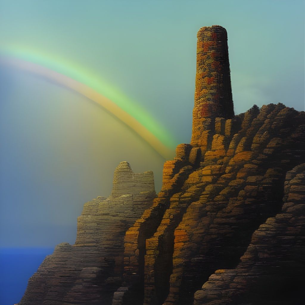 Moss-Covered Tower With Rainbow, in Oil Painting Style