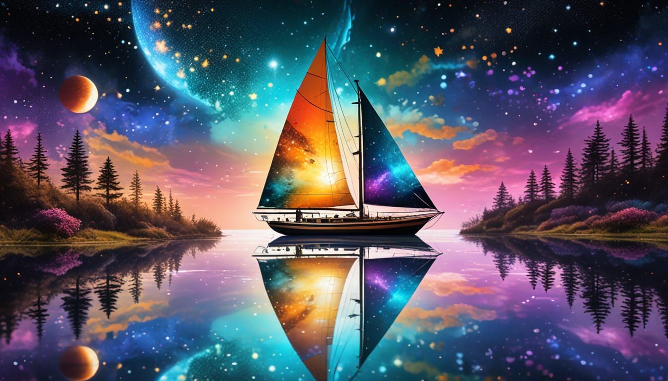 Sunset Sailboat Reflection: Neo-Impressionist Seascape