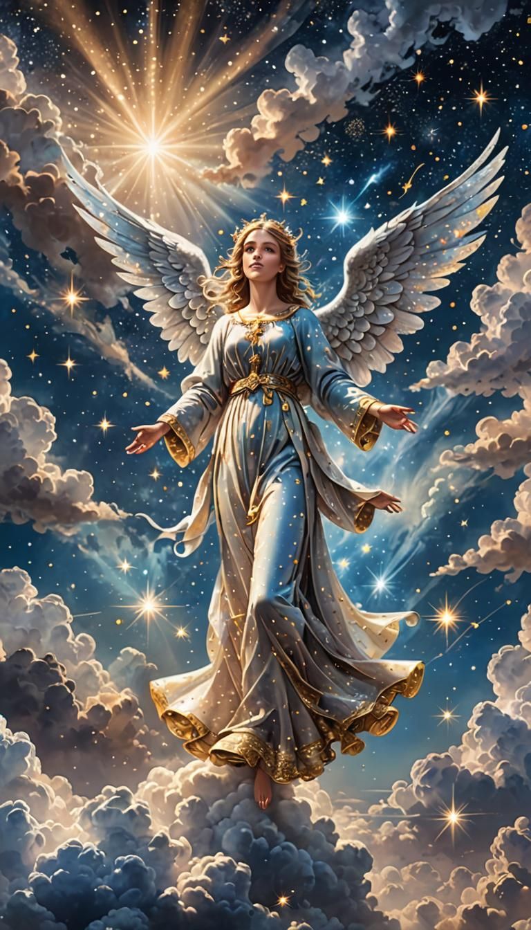 Angel in Glittering Clouds Under Starry Sky