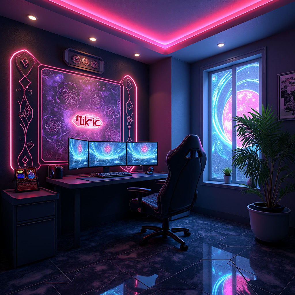 Futuristic Gaming Room with LED Lights in Cyberpunk Style