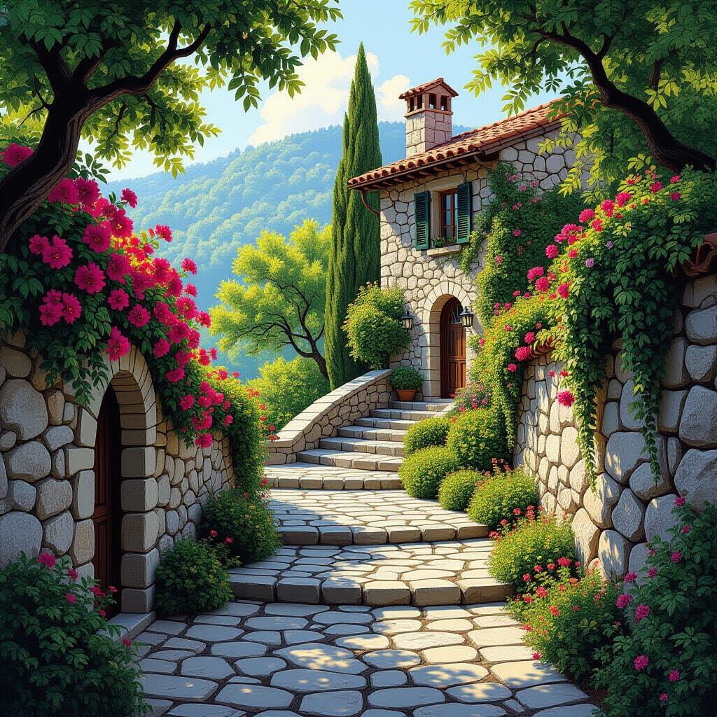 Stone Walkway in Lush European Garden