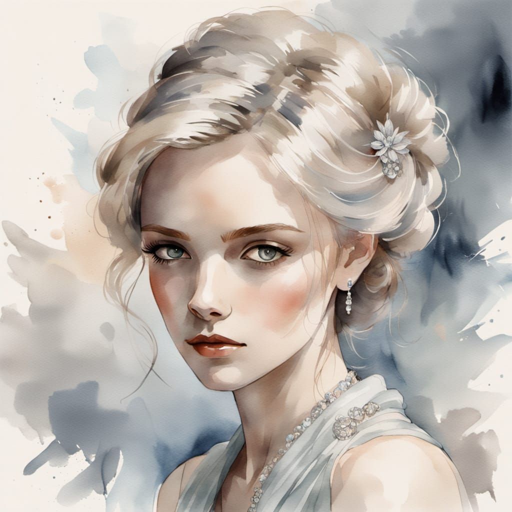 Ethereal Watercolour Portrait in Art Deco Hues